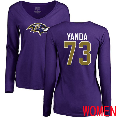 Baltimore Ravens Purple Women Marshal Yanda Name and Number Logo NFL Football #73 Long Sleeve T Shirt